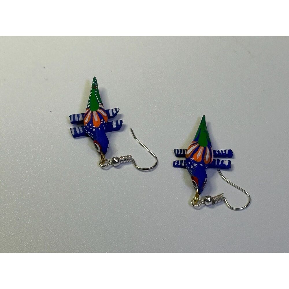 Blue Dragonfly Alebrije Earrings Hand Carved Painted Wood Oaxaca Mexican Folk